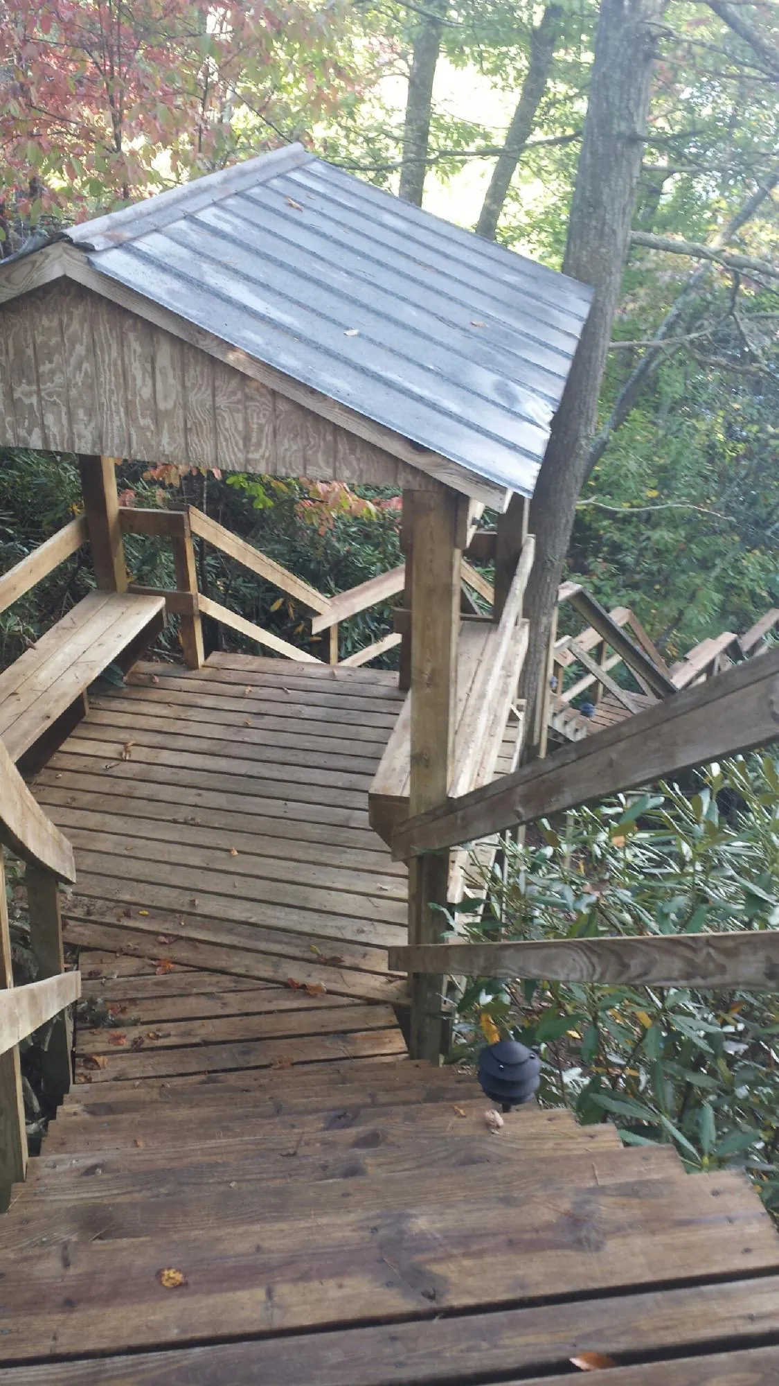 Metal roofed shelter over wooden steps on a wooded walkway — Skylight Repair & Installation work by our crew in Bogart
